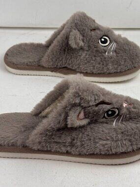 women plush gray cat slippers slip on fuzzy house shoes sz 7.5-8 eur cn 38-39